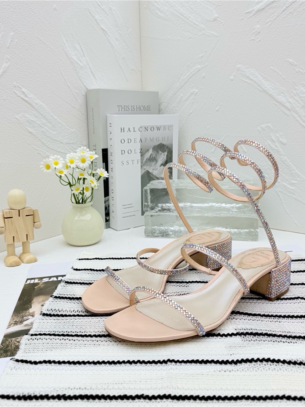🚩steal Rene Caovilla Blush Pink Crystal Strappy Block Heel Sandals